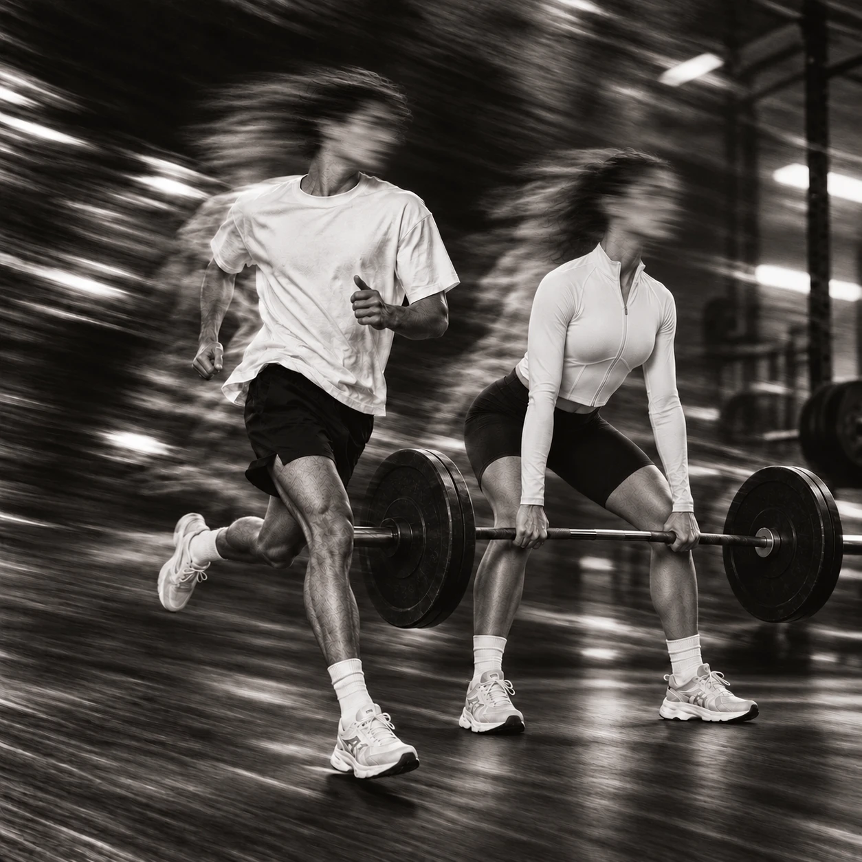 MOVE — male runner beside a woman lifting a barbell in a fitted white zip-up long-sleeve top and short black leggings