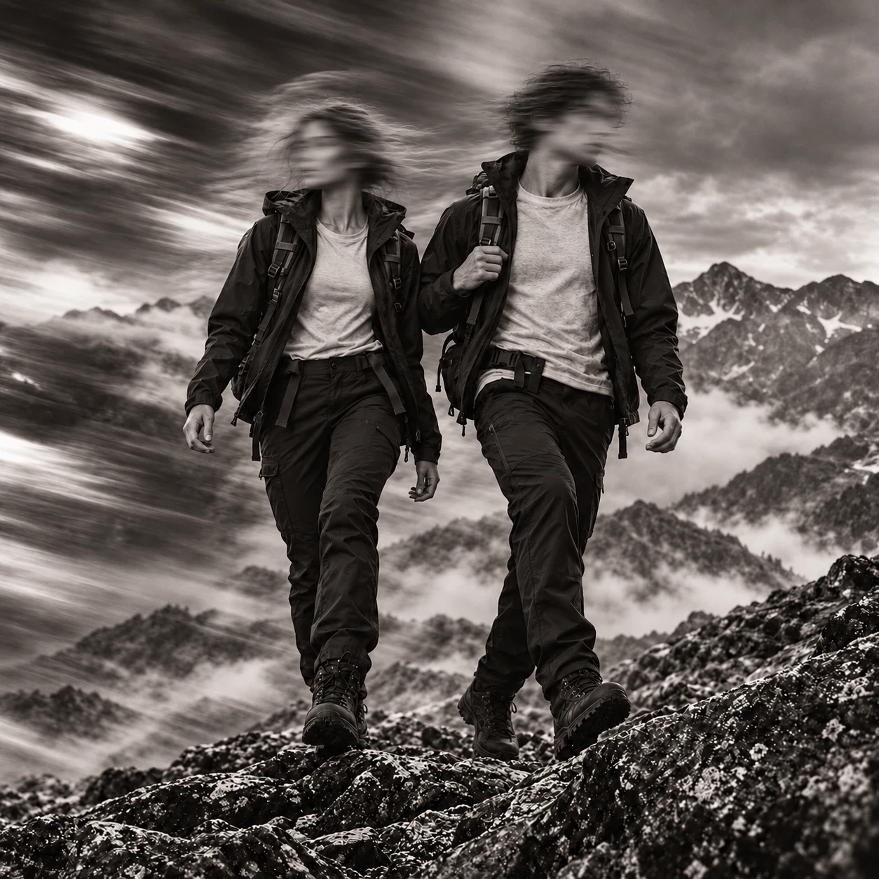 WILD — woman and man hiking with backpacks, merino layers and technical jackets